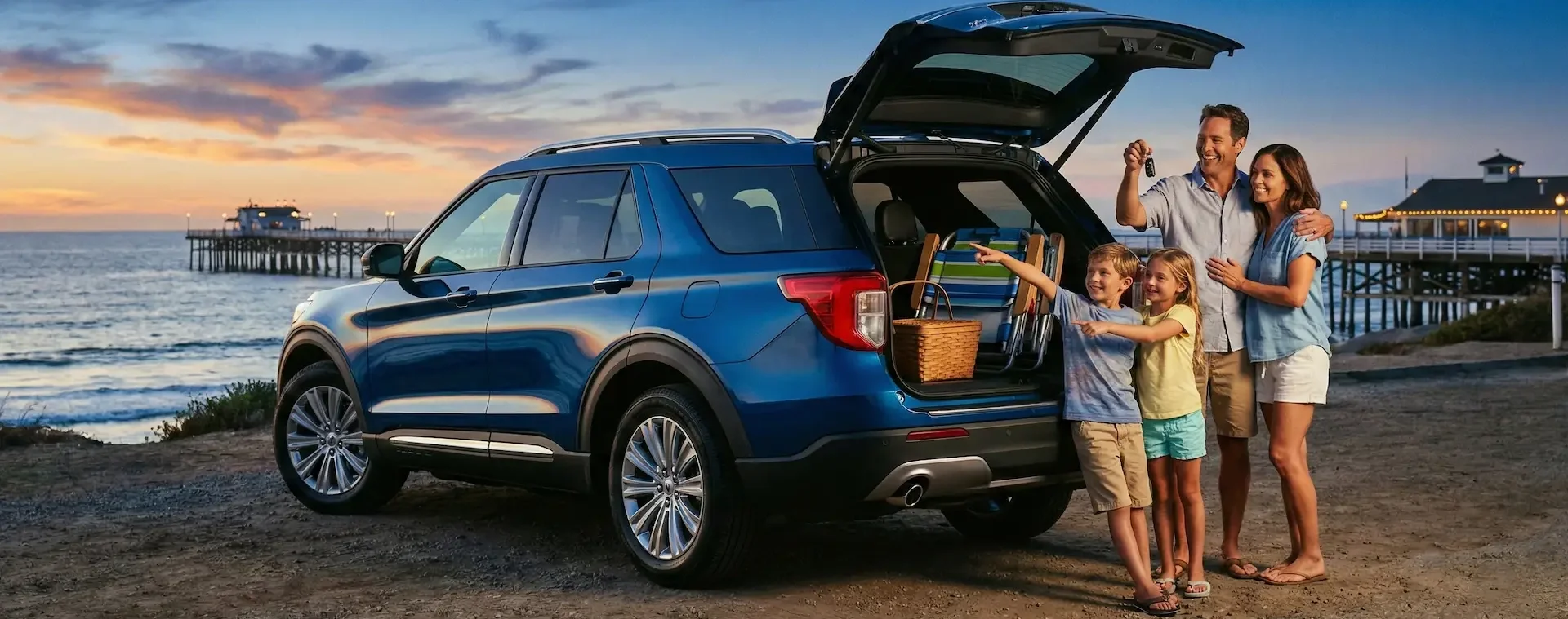 A happy family of four standing next to a shiny new dark blue Ford Explorer parked on a dirt bluff overlooking the San Clemente Pier at sunset.